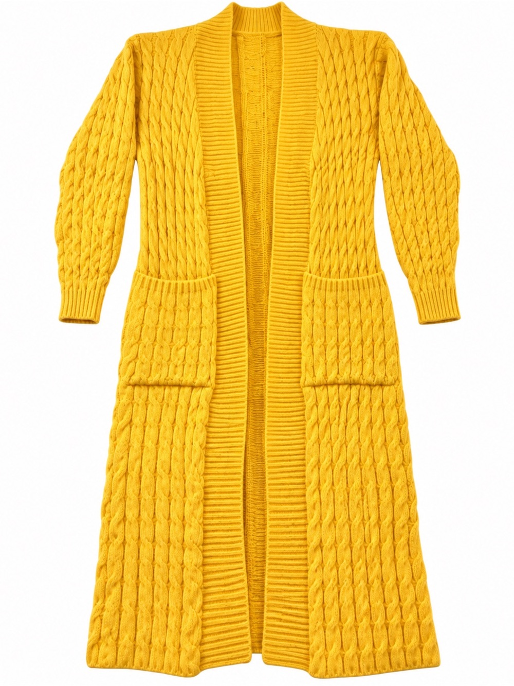 Women’s Small Yellow Cable Knit Long Maxi Cardigan Sweater Open Front Pockets